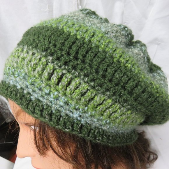 HAND CROCHET HAT OF VARIEGATED GREEN COLORS/UNISEX - Picture 6 of 9